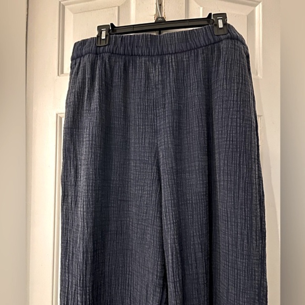 WONDERLY Navy Blue, Gauze-Look 100% Cotton, Wide Leg , Long Pants w POCKETS - Picture 2 of 9